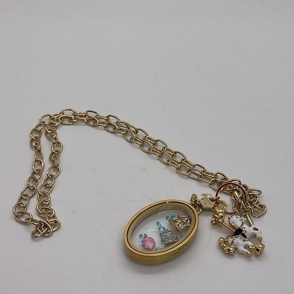 Limited Edition Origami Owl Gold Toned Oval Pendant Locket Necklace with Charms - Picture 4 of 5